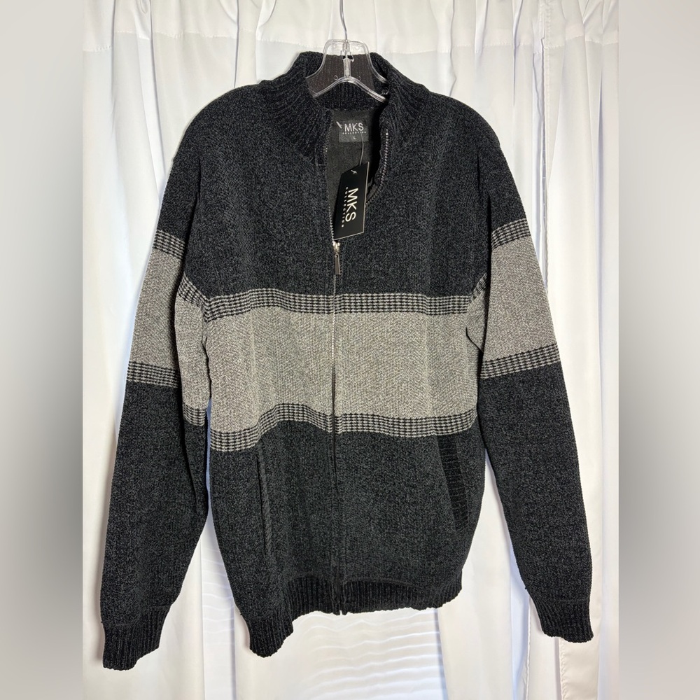 NWT MKS Charcoal Grey w/ Light Grey Stripe Chenille Zipper Cardigan Sz Large